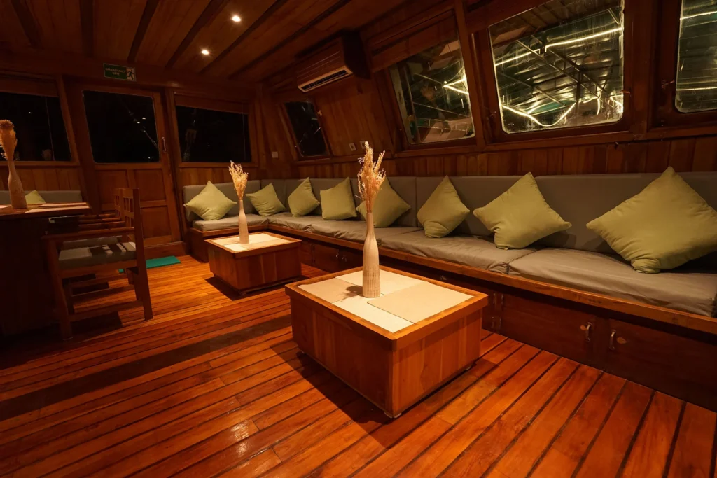 Indoor lounge aboard the Tambora phinisi