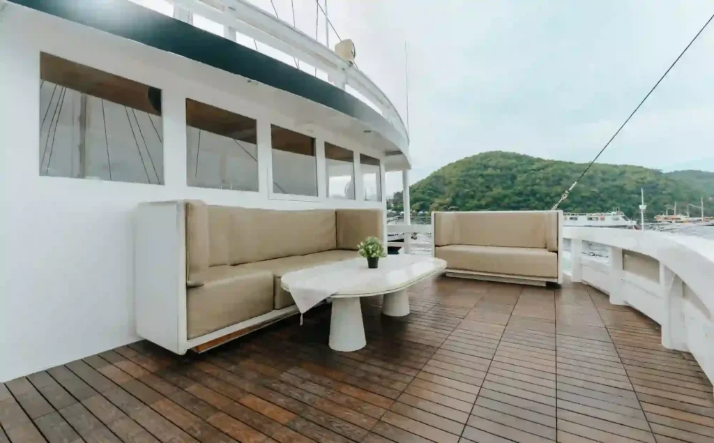 Sundeck on Tara with bean bags and open sea views
