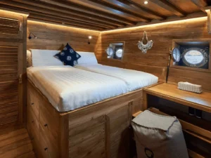Lower-deck Luxe Room aboard The Oracle with double bed