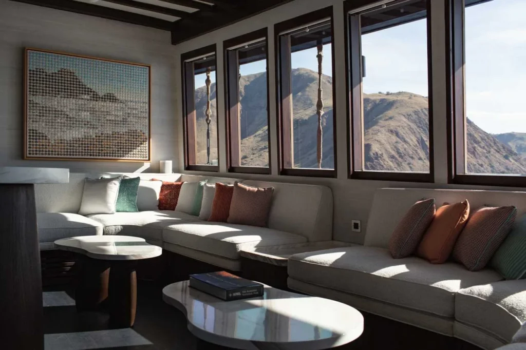 Interior lounge aboard Vela yacht