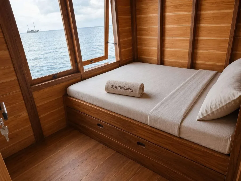 Private cabin berth on KLM Walenreng with a sea-view window and towels