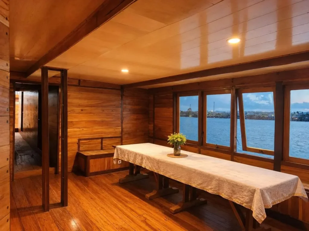 Indoor dining saloon on KLM Walenreng with a long table and sea windows