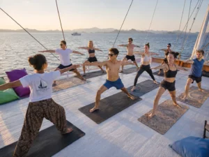A private group enjoying a relaxing morning yoga session on the spacious wooden deck of their luxury Komodo private charter boat
