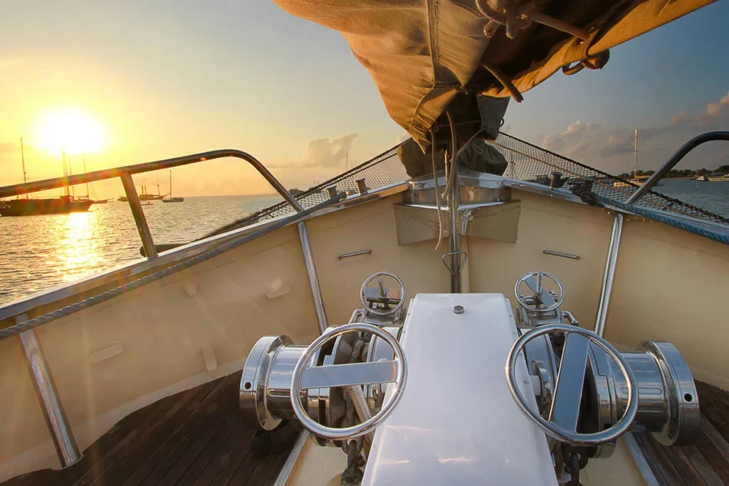 Shared deck and salon areas aboard Adelaar