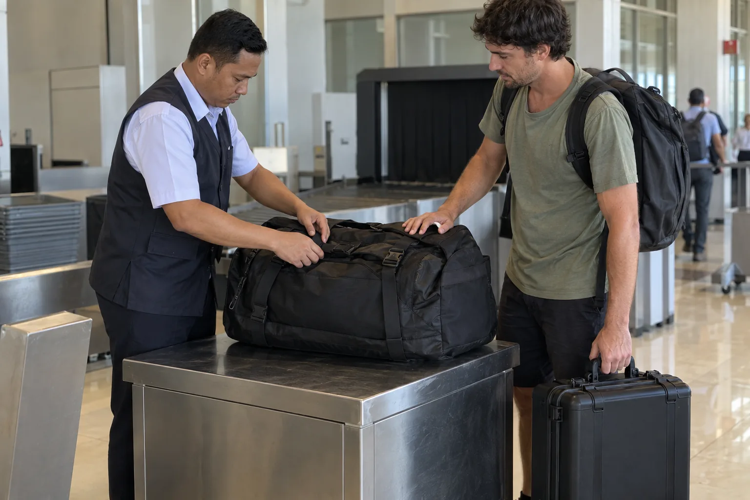 Airport staff checking a dive bag while camera gear stays in carry-on