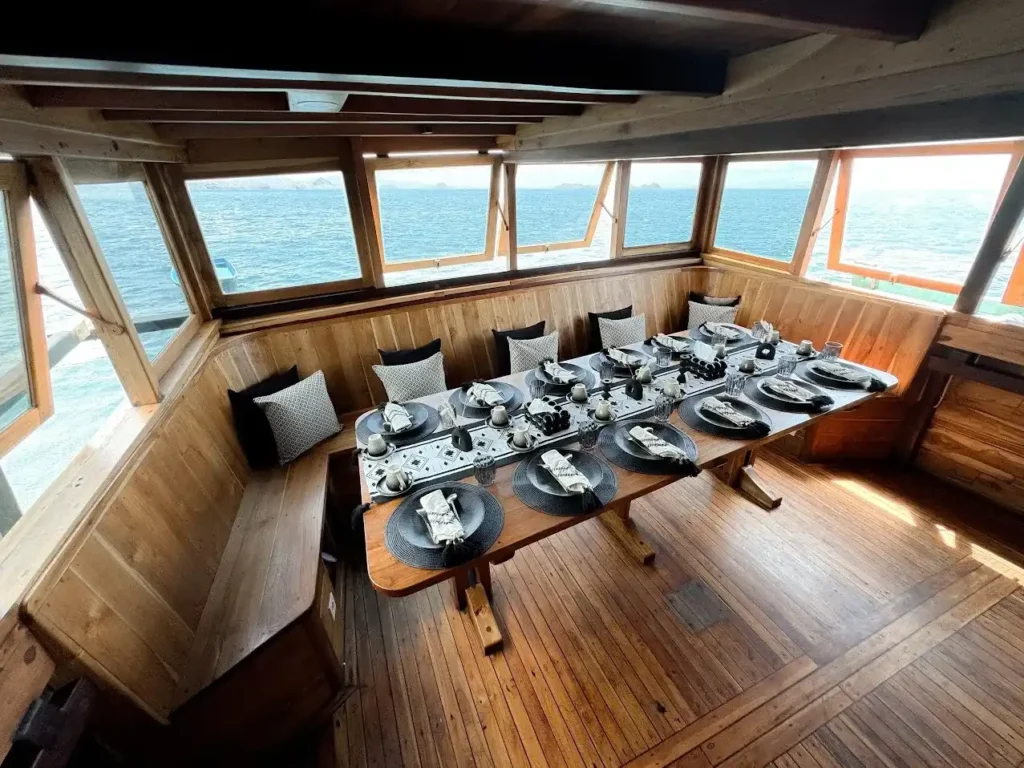 Dining area aboard Blackbeard Phinisi