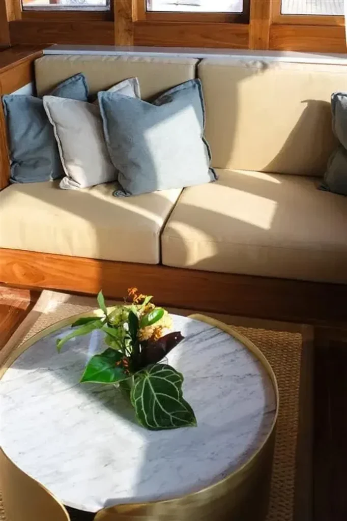 Interior saloon and lounge on board the Celestia phinisi yacht