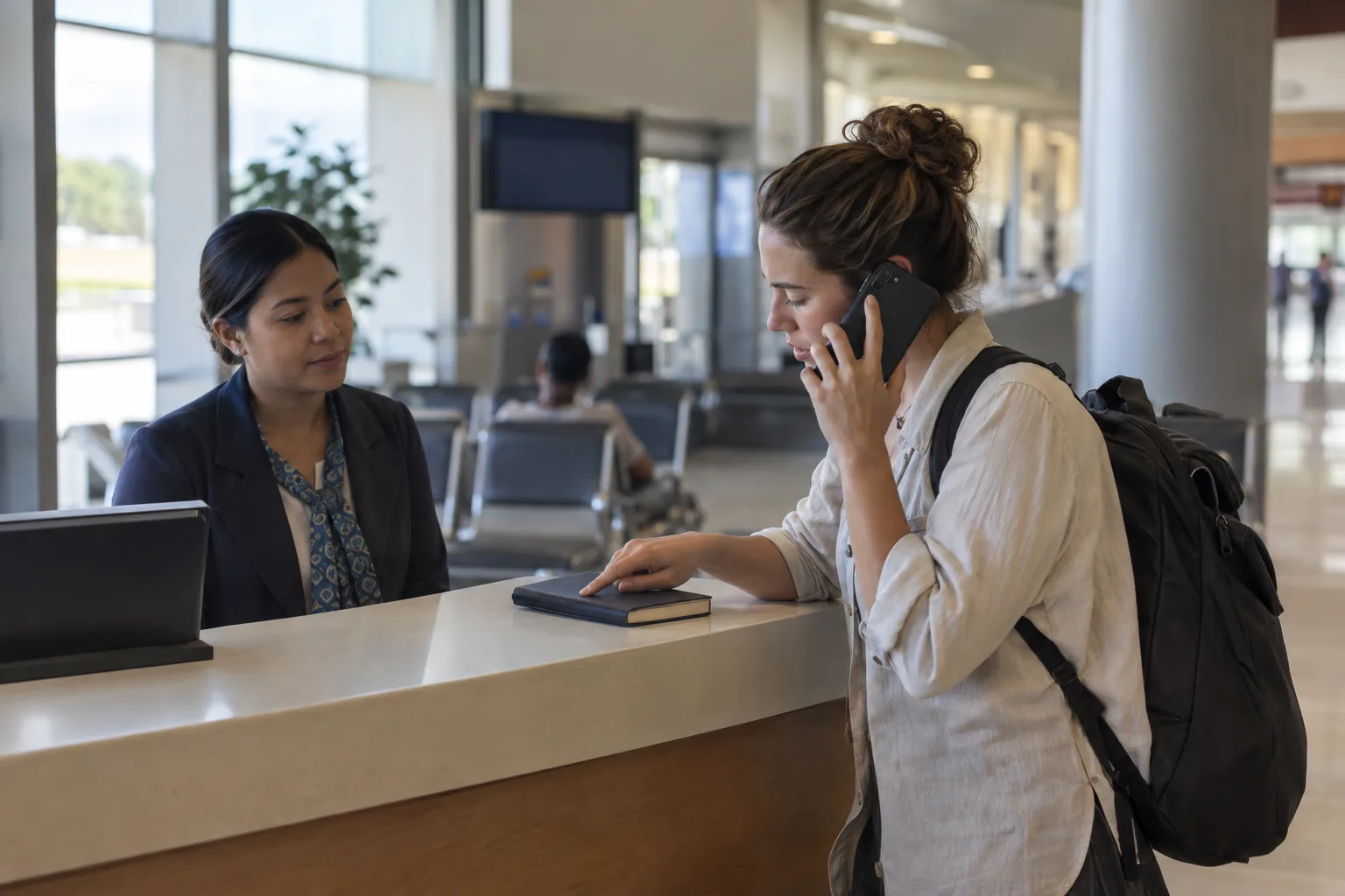 Traveler contacting help beside an airport service counter after a delay