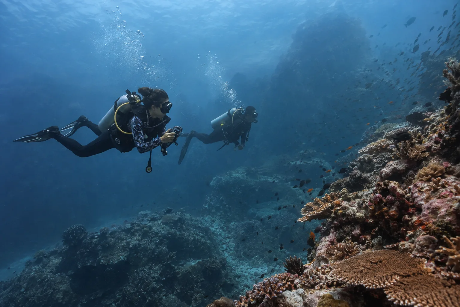 Underwater photographer maintaining position beside a Komodo reef