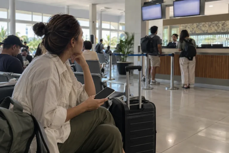 Traveler checking what to do after a delayed flight before a Komodo trip