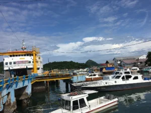 Ferry and tour boats moored at the port of Labuan Bajo, Flores