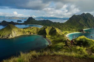 Green hills and blue bays seen from the Padar Island summit trail in Komodo National Park