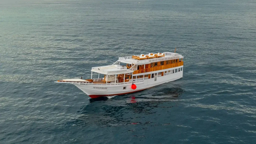 Aerial view of Devita R Cruise phinisi in Komodo waters