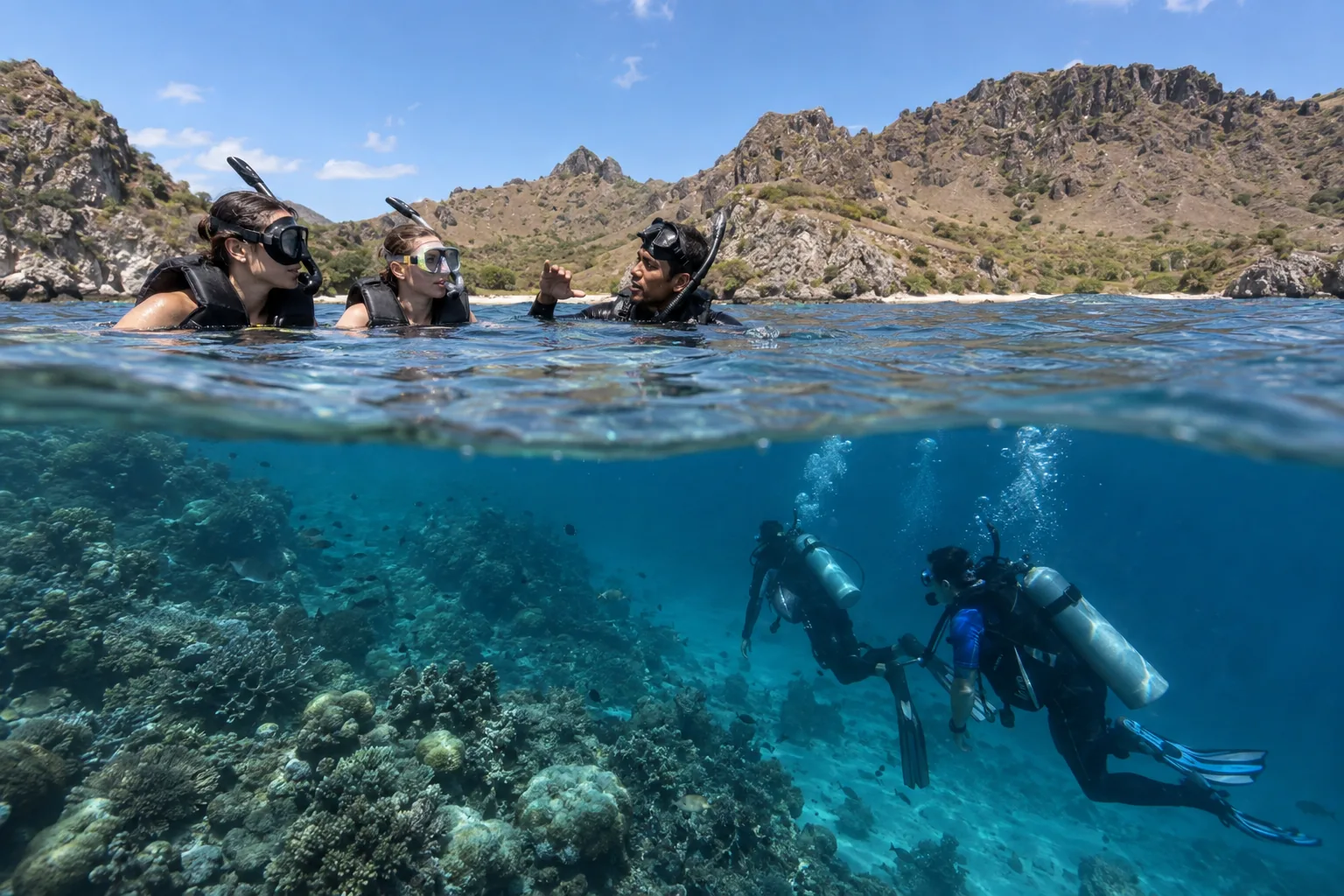Divers and snorkellers sharing a calm Komodo cove
