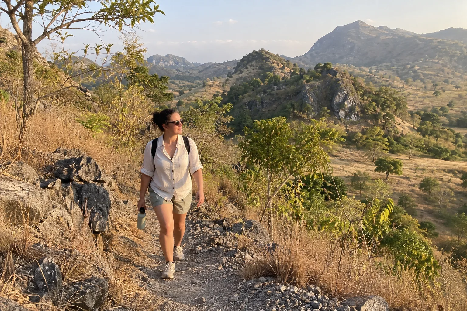 Traveler hiking inland near Labuan Bajo on a dry day before flying