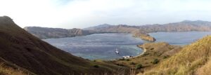 Savanna ridge and blue bays of Gili Lawa Darat in Komodo National Park