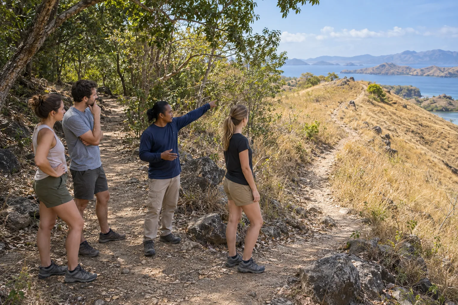 A guide briefs three travellers on a dry island trail.