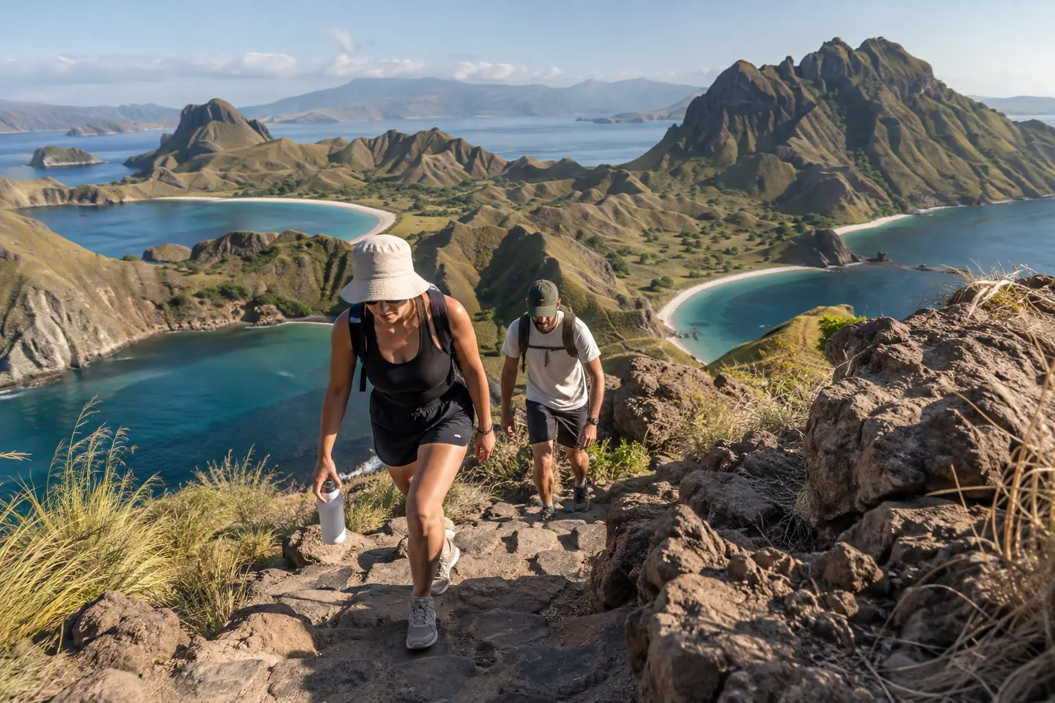 Hikers climbing the steep exposed ridge trail on Padar Island
