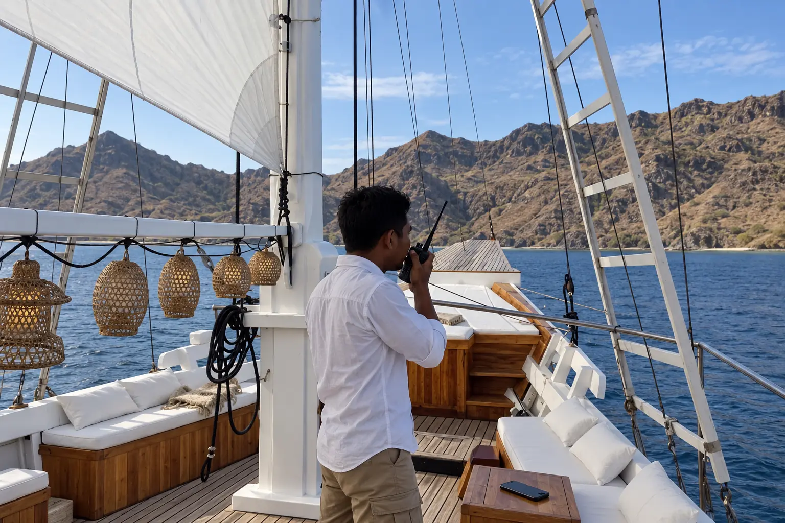 A crew member uses a marine radio while guest mobile service is unavailable at a remote Komodo anchorage.