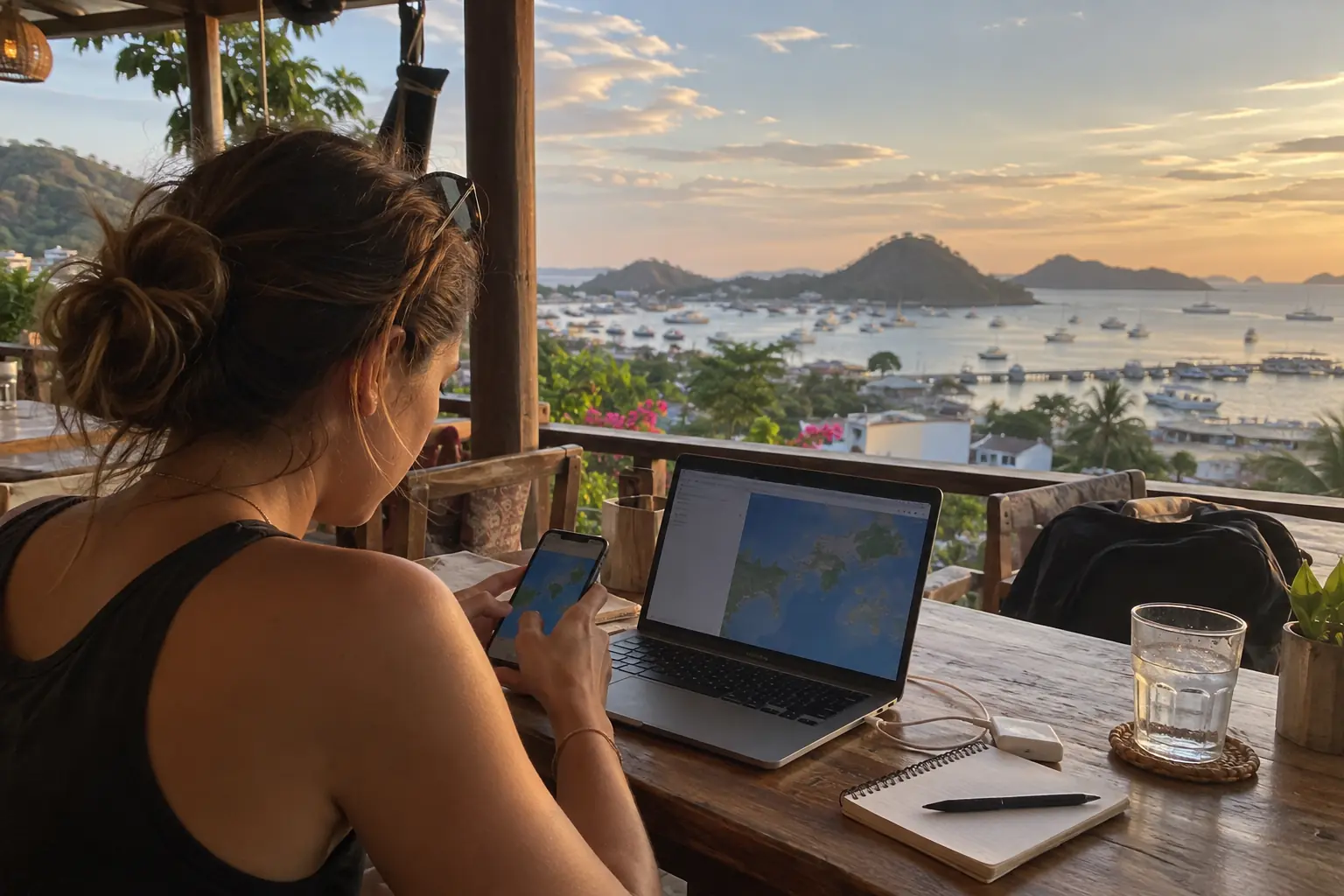 A traveler prepares offline bookings and maps on a laptop and phone before sailing from Labuan Bajo.