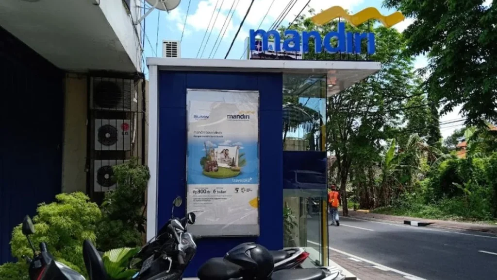 Exterior view of a Bank Mandiri ATM kiosk in Indonesia