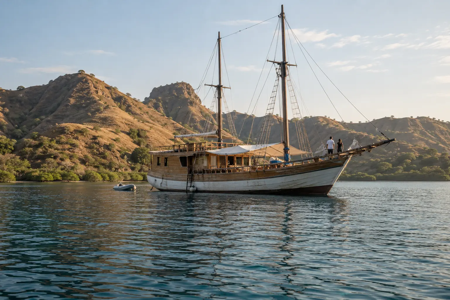 A traditional phinisi anchored in a quiet Komodo bay during an overnight sailing trip.