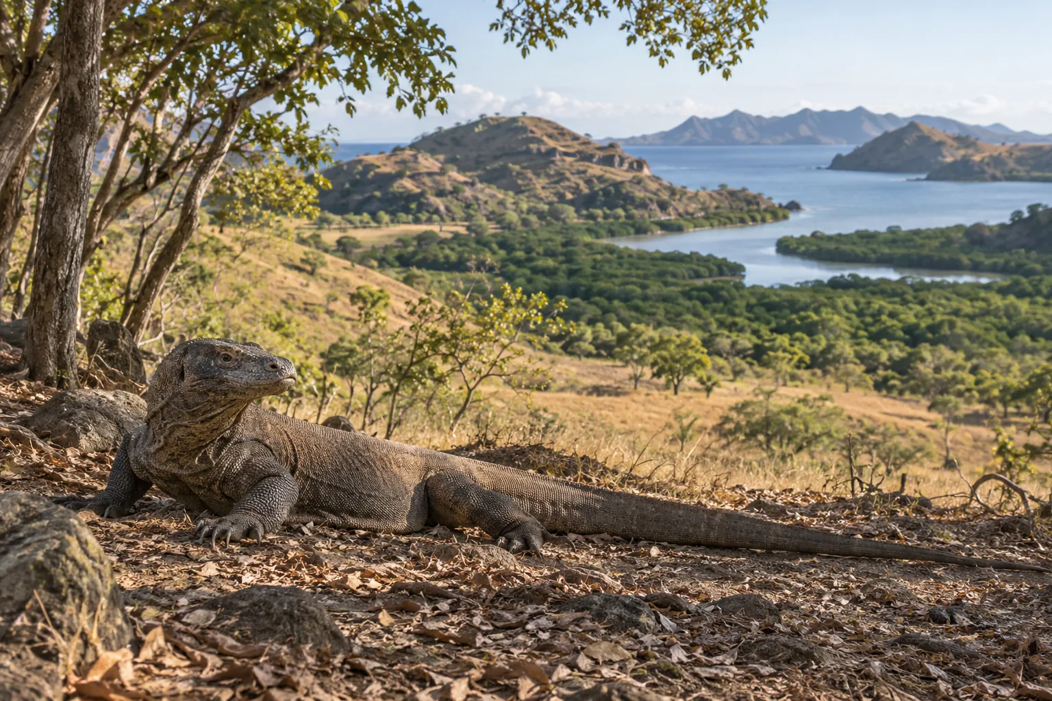 Komodo dragon on shaded ground with mangroves and blue water beyond