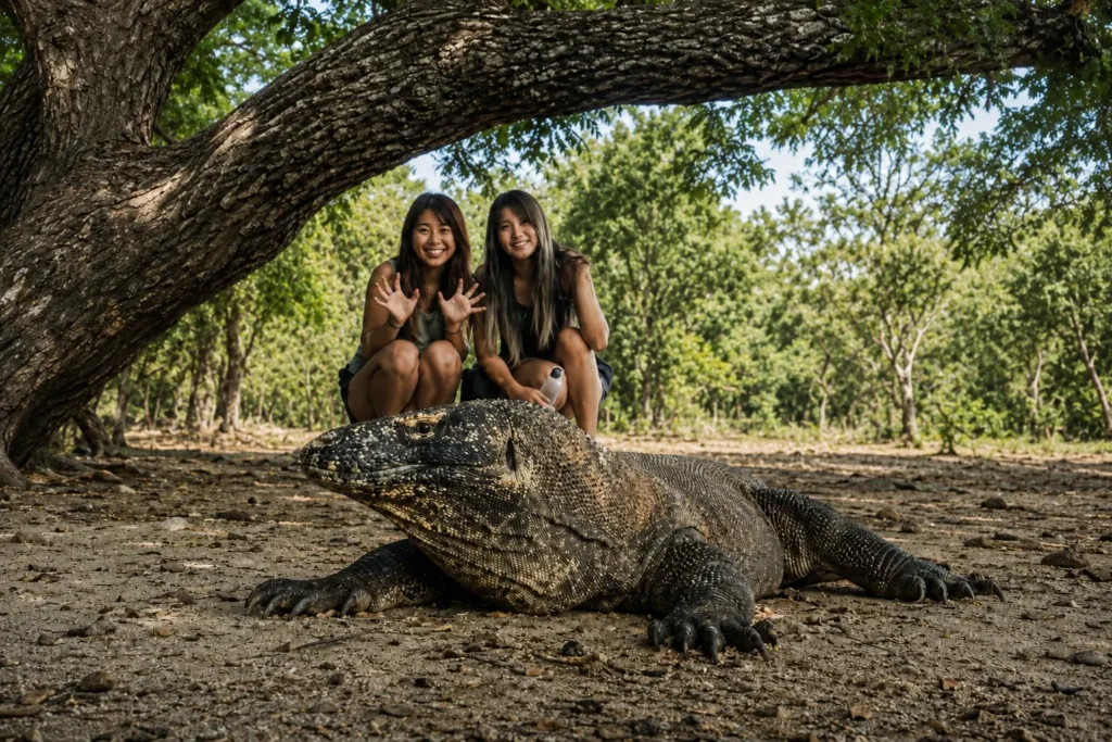 Travellers observing a Komodo dragon beneath a tree in Komodo National Park