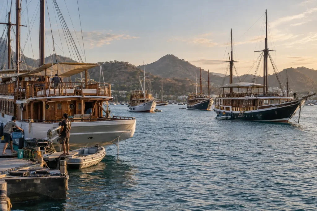 Several phinisi liveaboards of different sizes moored in Labuan Bajo harbor.