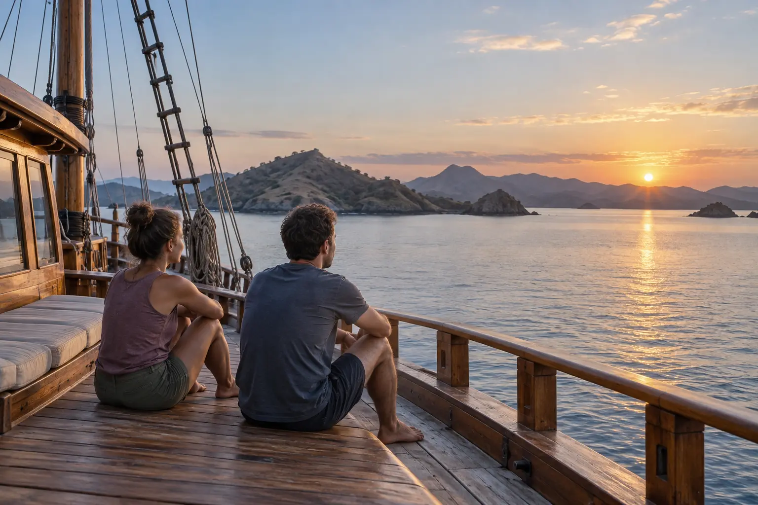 Two casually dressed travelers sit on a phinisi deck at dawn during an overnight Komodo liveaboard trip