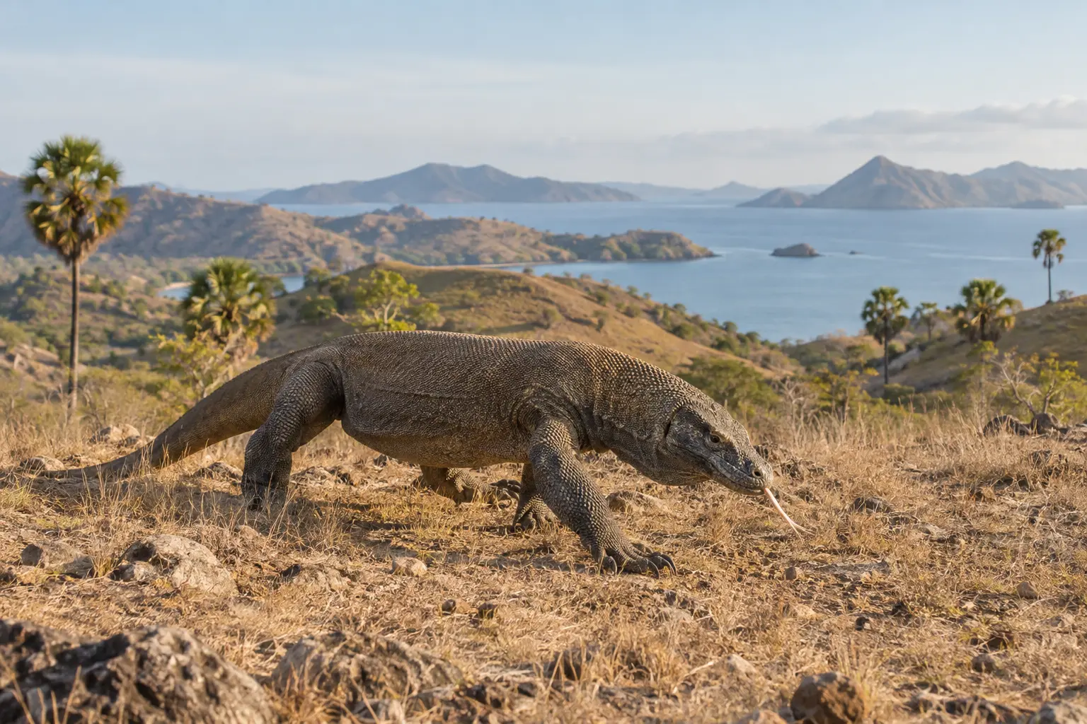 Wild Komodo dragon walking through dry savannah in Komodo National Park
