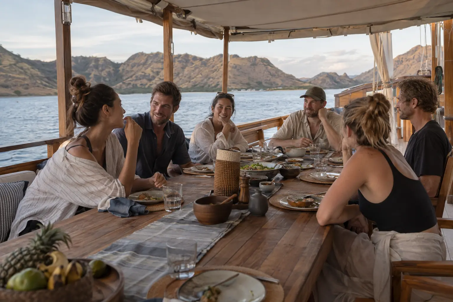 Travelers share a meal around a teak table on a Komodo phinisi deck.