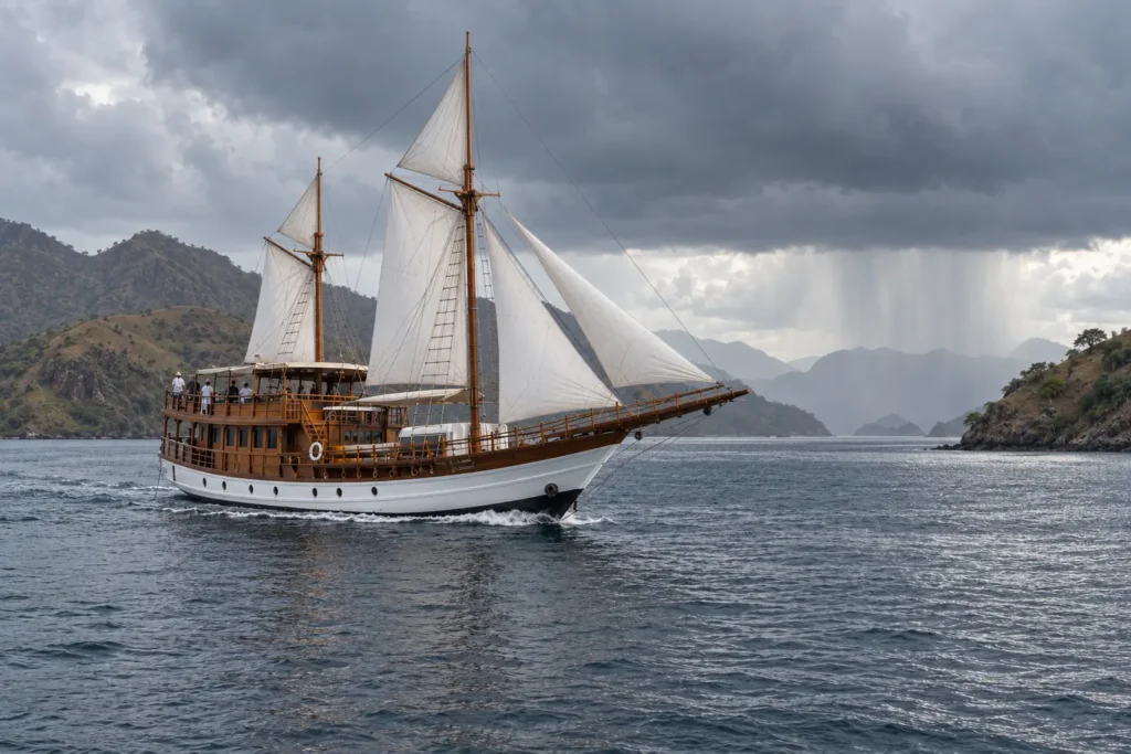 Luxury phinisi sailing through a Komodo channel beneath wet-season rainclouds