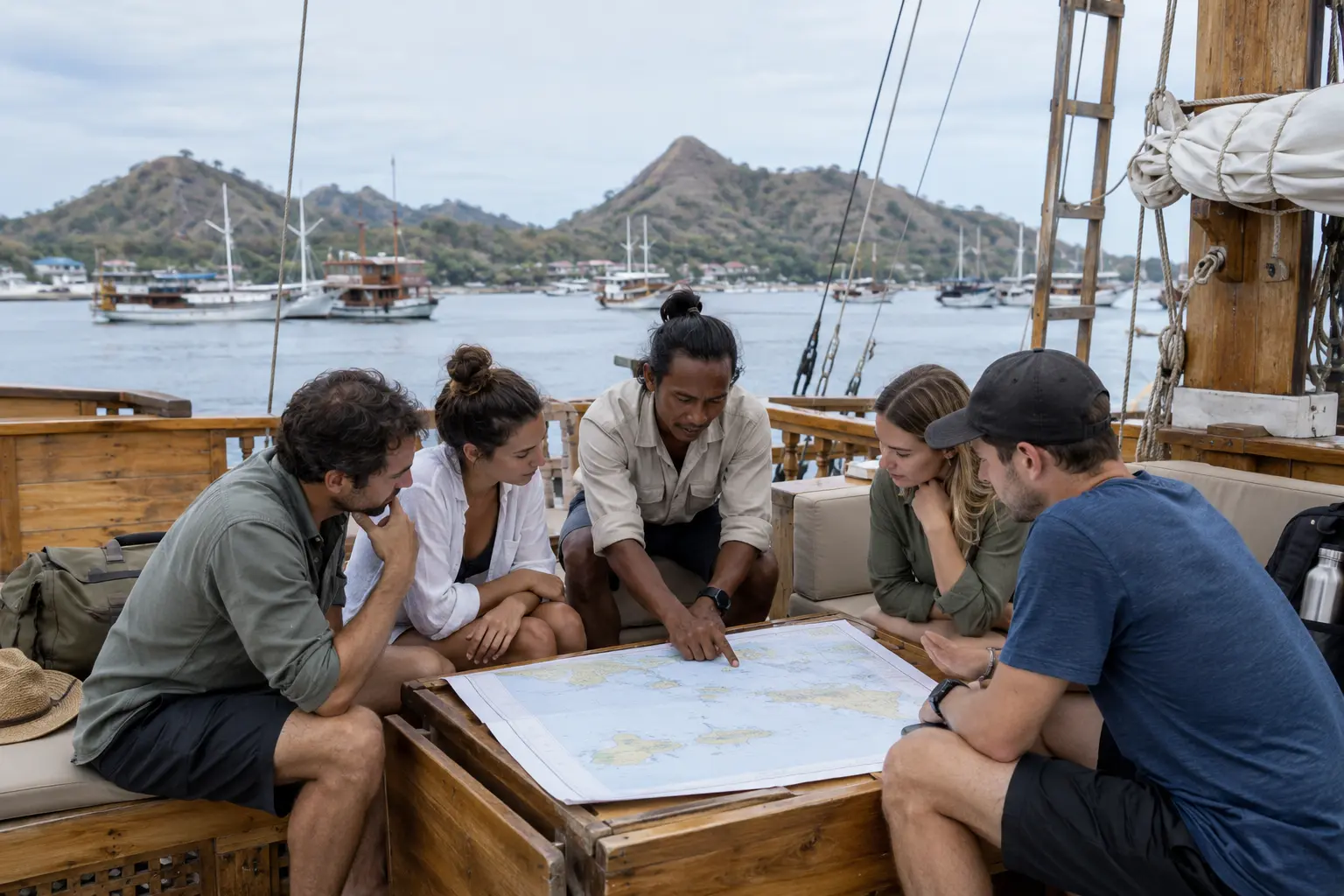A private group reviews a Komodo sailing route with the captain on a phinisi deck.