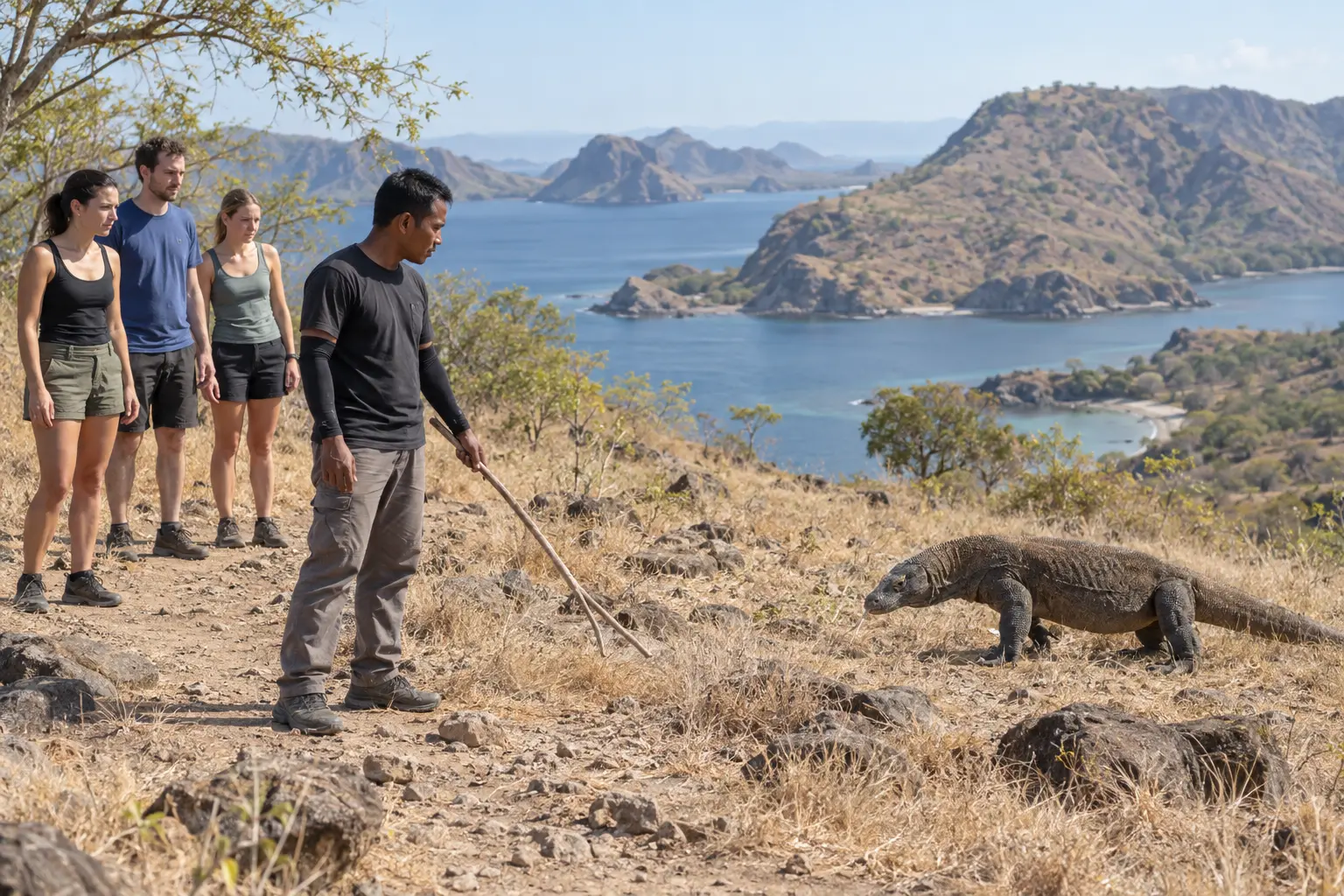 Travelers observing a Komodo dragon from a safe distance with a casually dressed local ranger