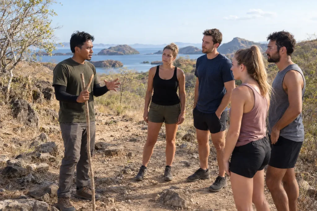 Park ranger giving visitors a safety briefing before a dry island trek in Komodo