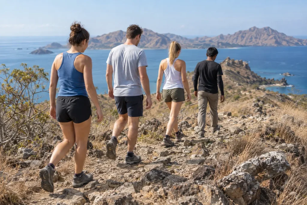 Travelers wearing closed shoes and daypacks on a dry rocky Komodo trail