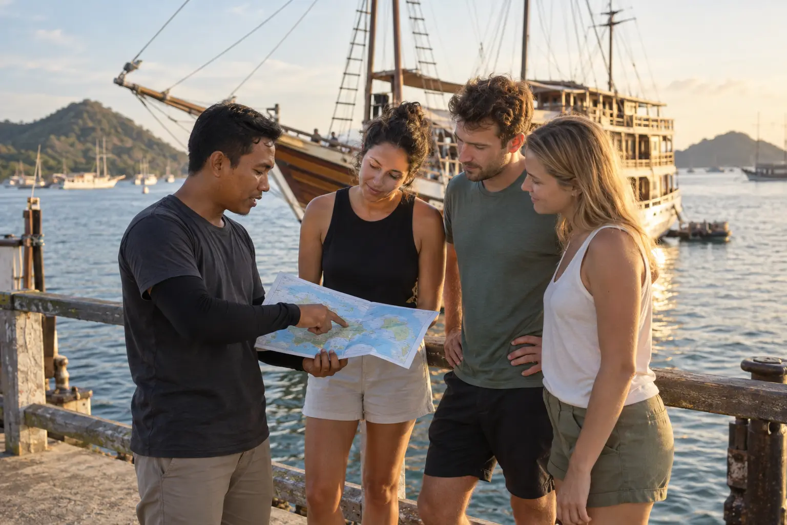 Travelers compare Komodo trip route maps with a local coordinator beside a phinisi in Labuan Bajo.
