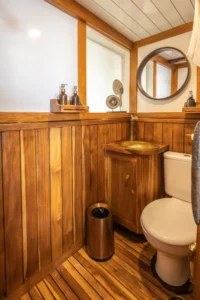 Private bathroom in a family cabin aboard La Unua