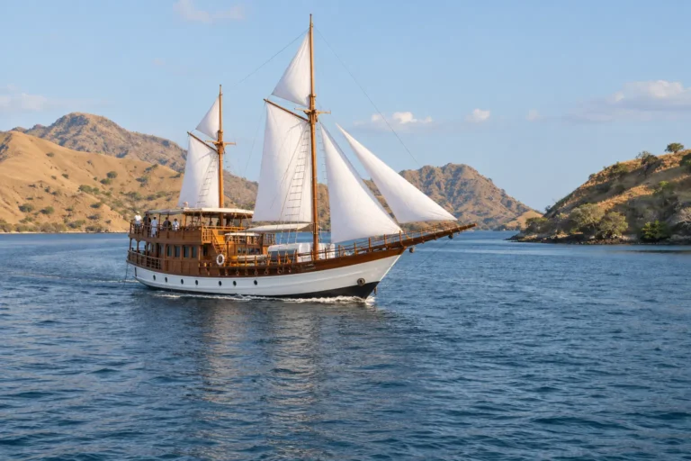 Wooden sailing vessel with sails set crossing deep blue water beside barren islands