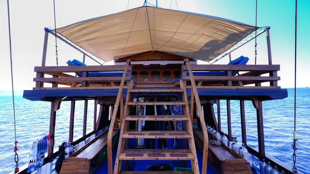 Stairway leading to the shaded upper sun deck of Lady Denok