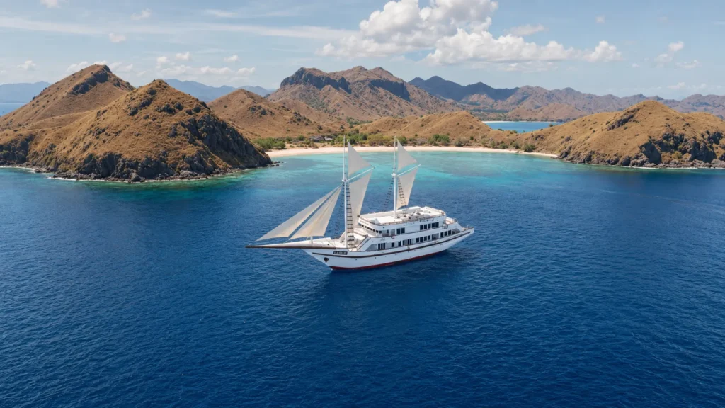 LASHA under white sails on turquoise water ringed by green islands