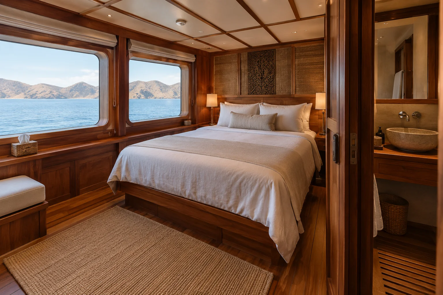 Double cabin with sea-view windows and an ensuite bathroom