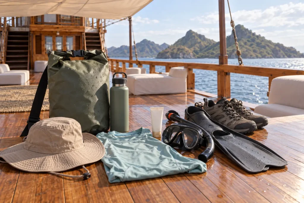 Dry bag, water bottle, sun hat, walking shoes and snorkeling gear arranged on a luxury phinisi deck