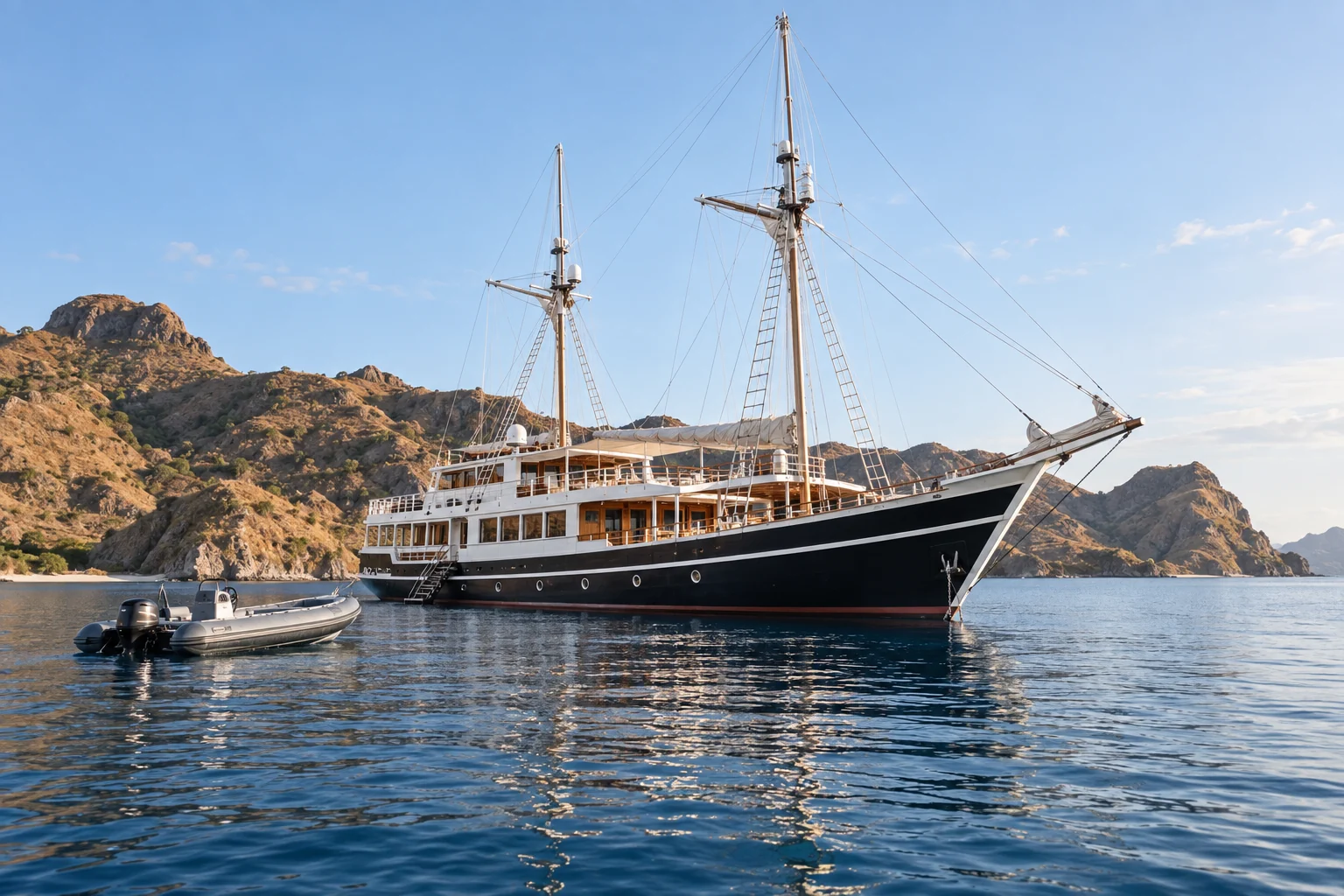Luxury phinisi at anchor beside an inflatable dive tender