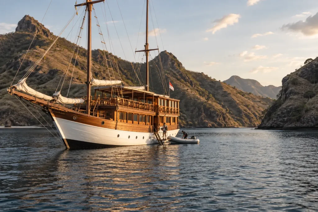 Luxury phinisi anchored in a sheltered Komodo bay during calm dry-season weather