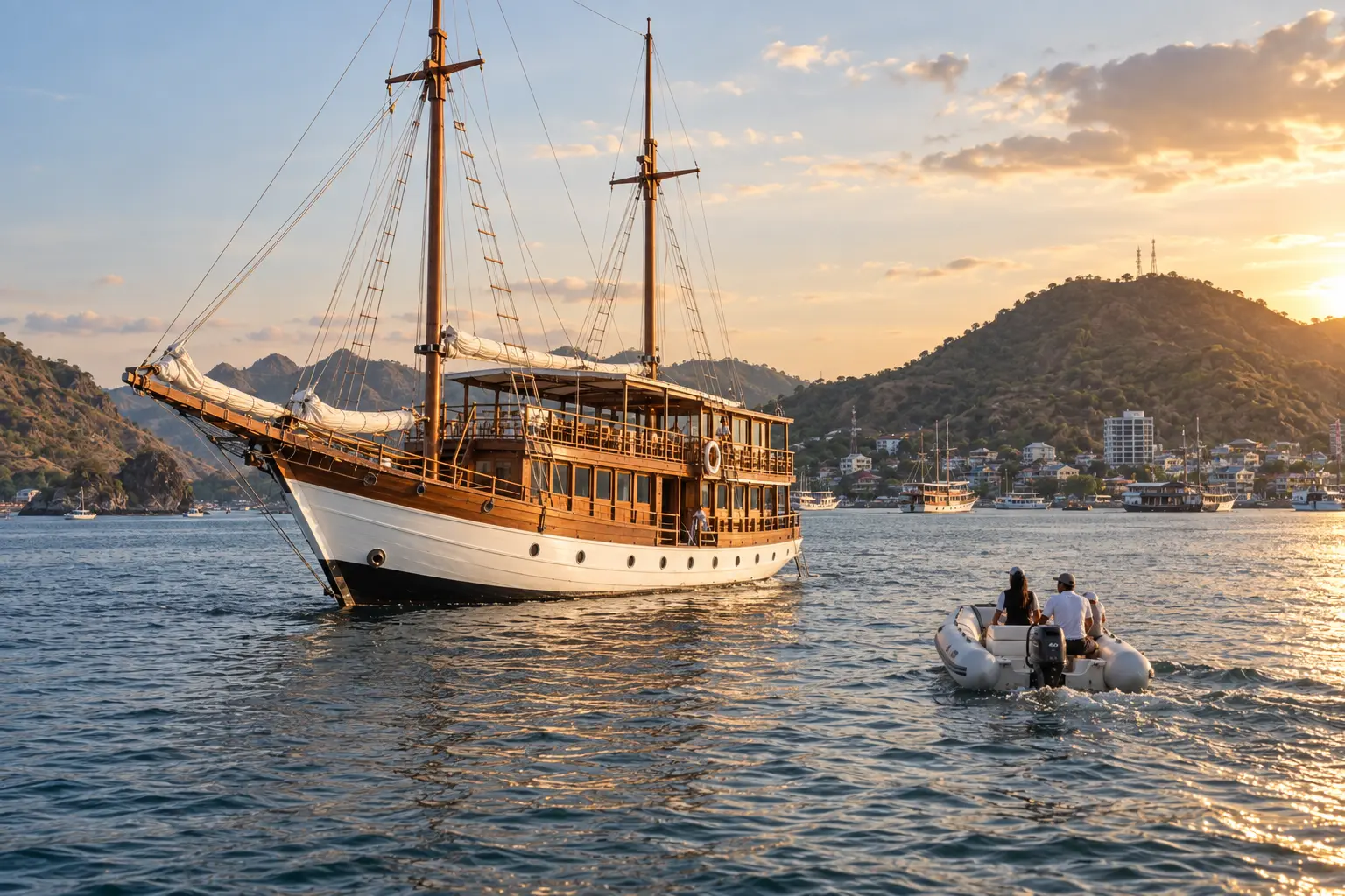 Luxury phinisi anchored outside Labuan Bajo as guests approach by tender