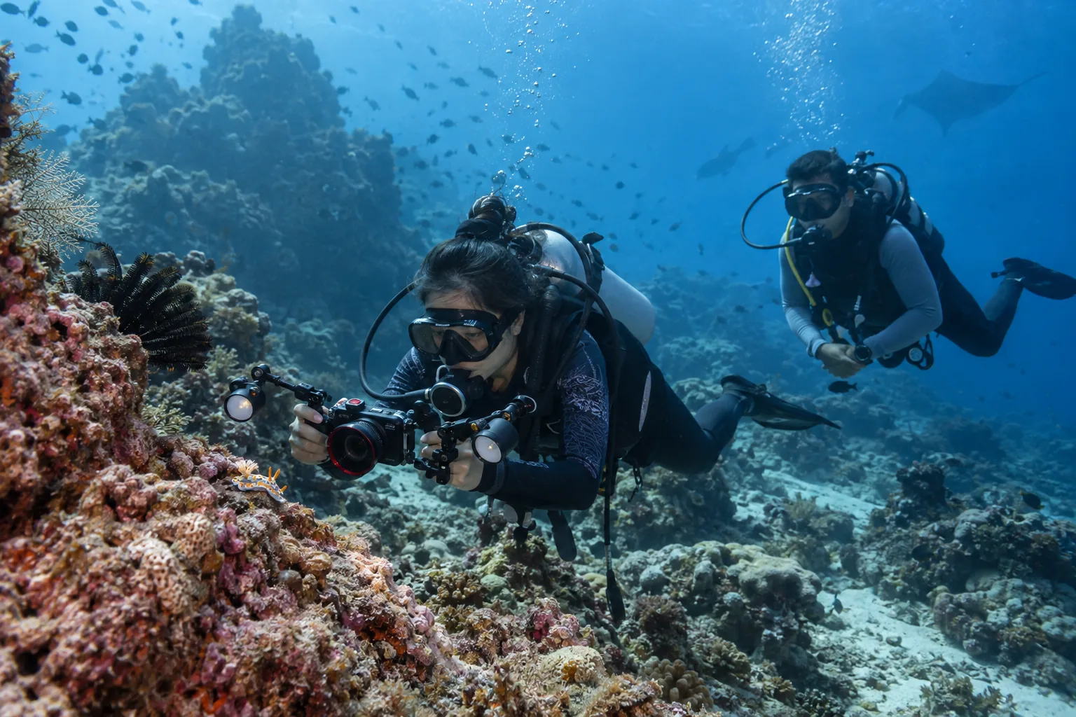 Diver photographing a small reef subject in Komodo