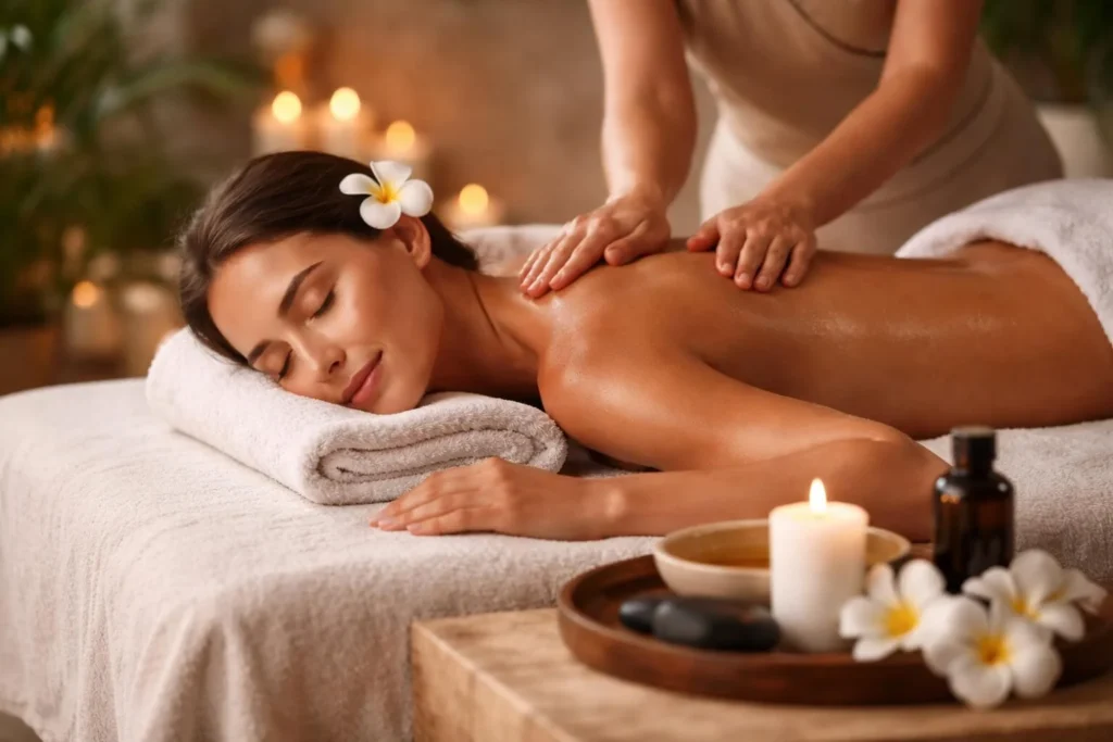 Woman receiving a back massage beside candles and frangipani at Manta Spa Labuan Bajo