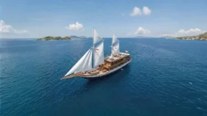 Aerial view of Naturalia Cruise under white sails on the open sea